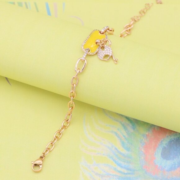 "Rose Gold Bracelet with Yellow Charm and Crystal Lock & Key, XPBL0890 - Picture 6 of 12